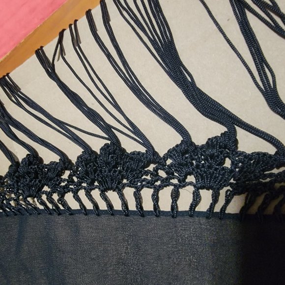 Large Black Shear Dress Scarf with Crotched Edges and Fringe - Picture 11 of 13